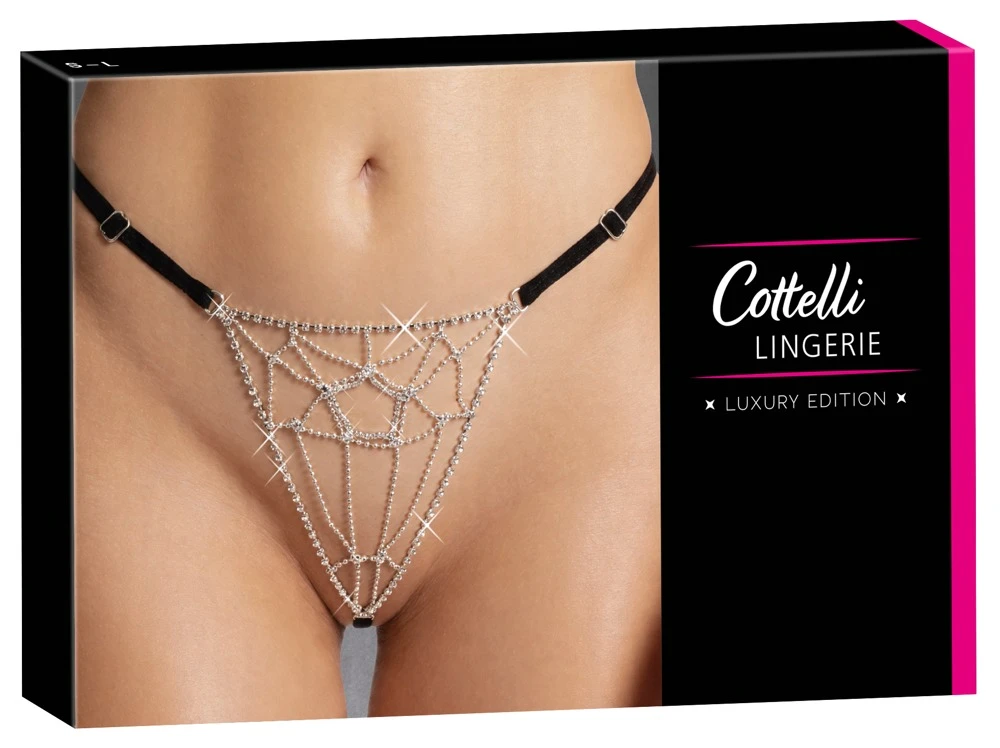 Cottelli LINGERIE Schmuckstring – erotischer Strass- & Perlenstring in Spinnennetz-Optik mit verstellbarem Bund und offenen Bändern