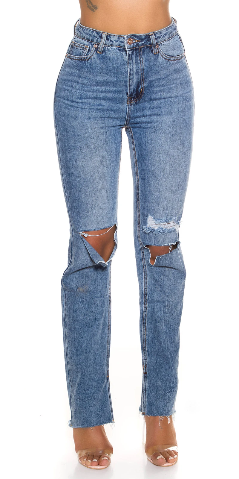 Straight Cut High Waist Jeans im Used Look mit Löcher Straight Cut High Waist Jeans im Used Look mit Löcher