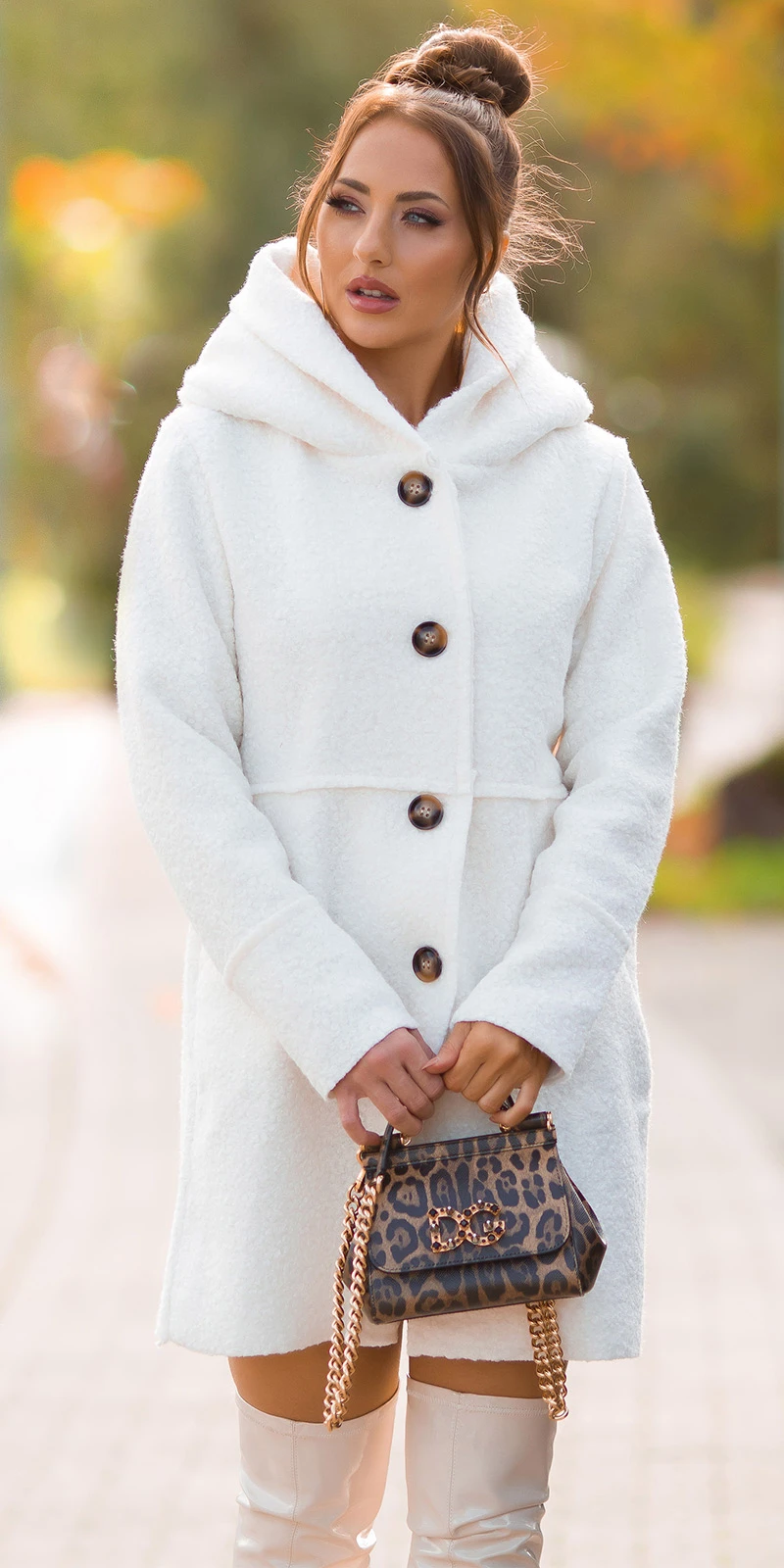 Chicer Unifarbiger Übergangs-Mantel mit Kapuze im Bouclé-Look, Jacke mit Kapuze Chicer Unifarbiger Übergangs-Mantel mit Kapuze im Bouclé-Look, Jacke mit Kapuze