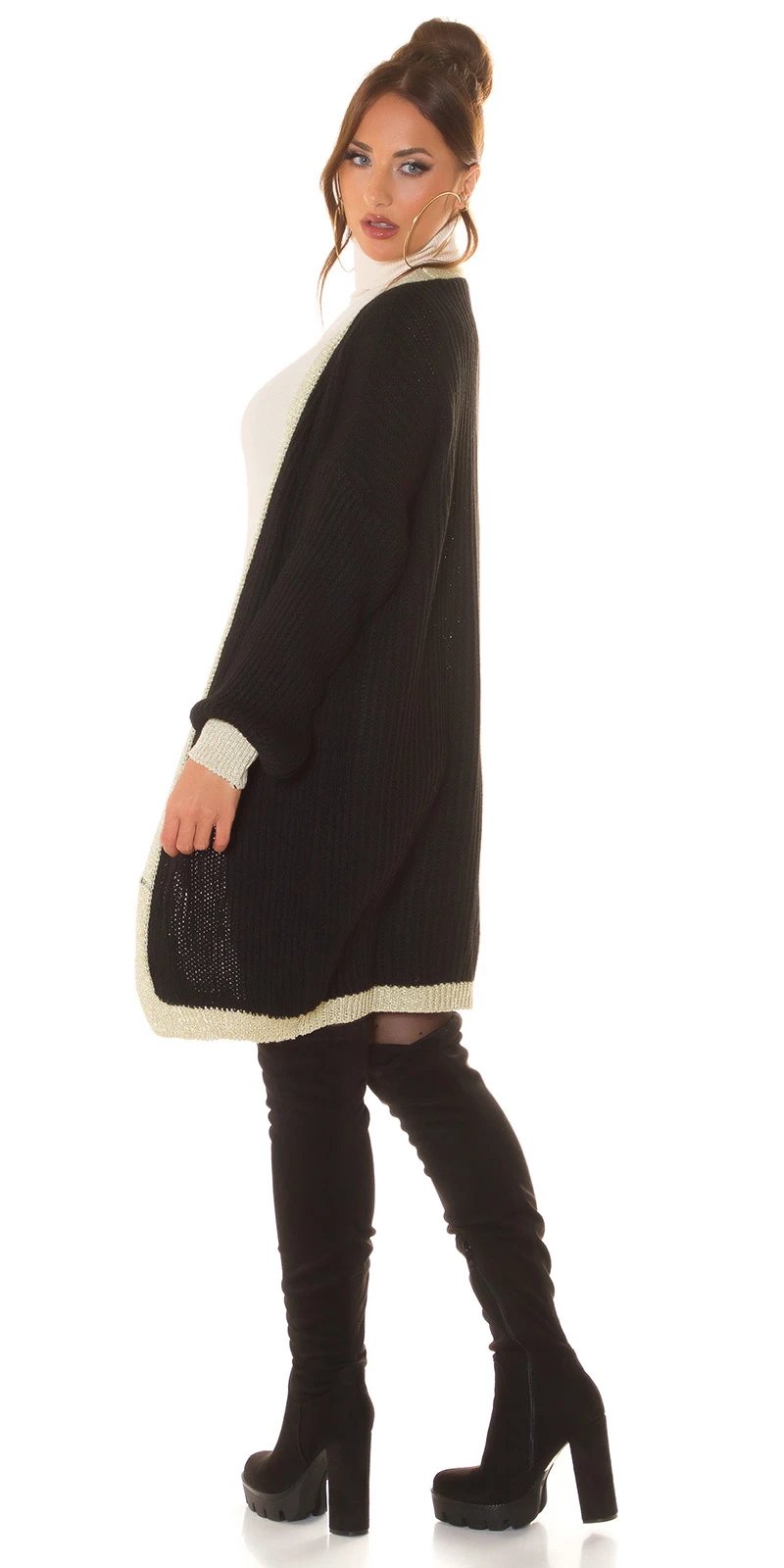 Chic Oversize Strick Long Cardigan mit Glamour-Borte Chic Oversize Strick Long Cardigan mit Glamour-Borte