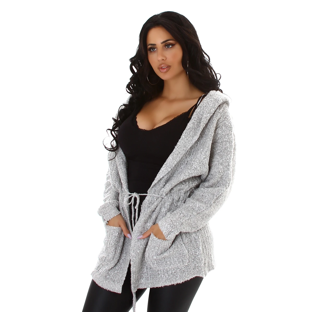 Grobstrick Kapuzen Cardigan mit Taillierung