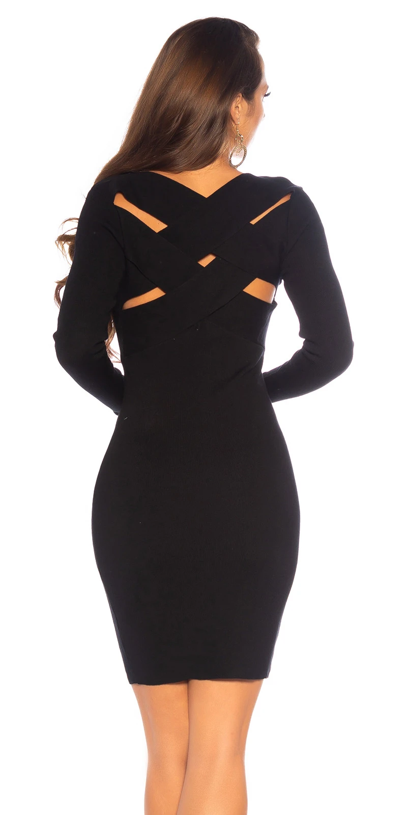 Feinstrick V-Neck Langarm Minikleid mit schicker Rücken-Ansicht Feinstrick V-Neck Langarm Minikleid mit schicker Rücken-Ansicht