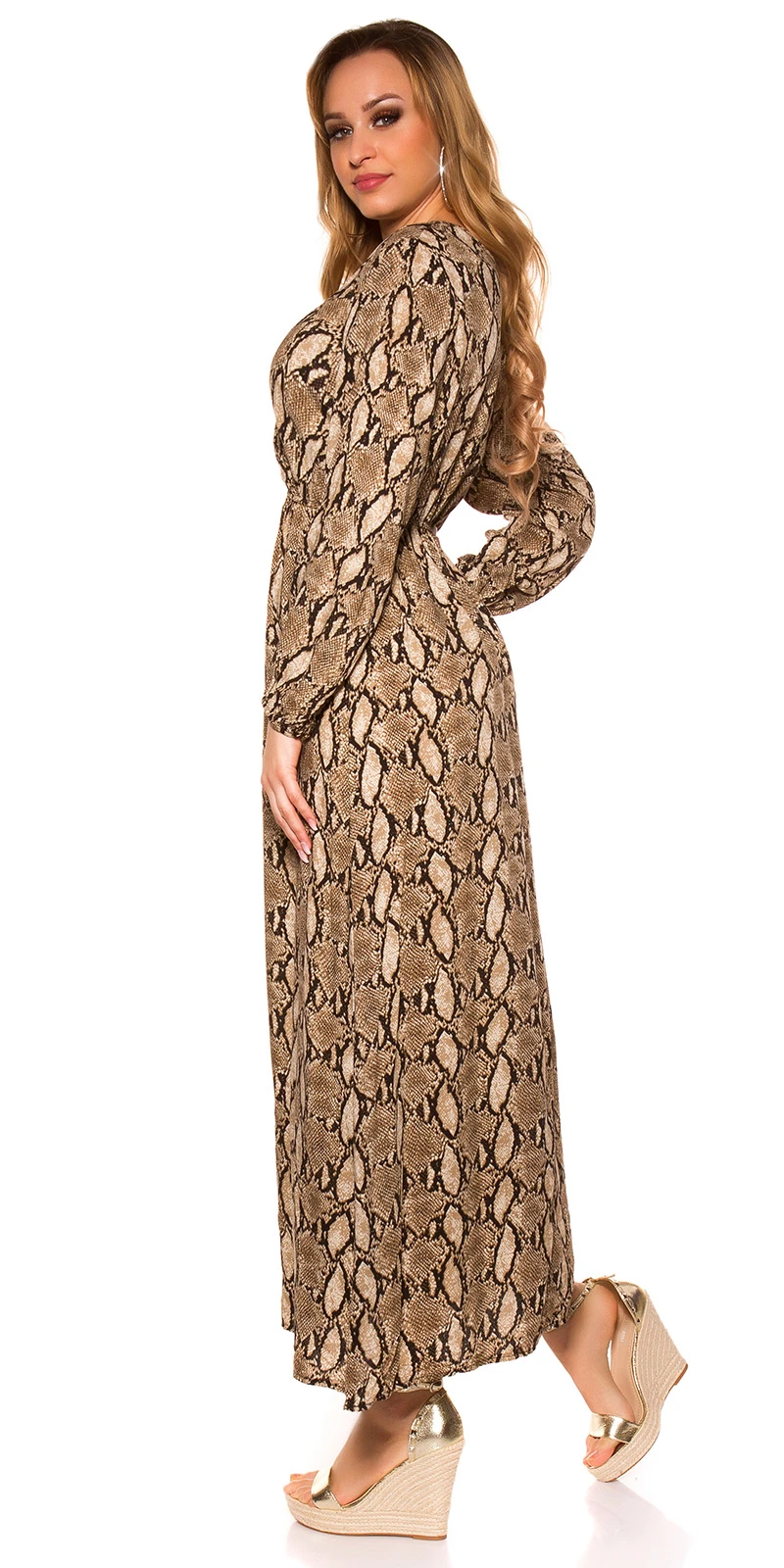 Maxi Kleid Schlangen Print Wickel V-Neck Langarm Maxi Kleid Schlangen Print Wickel V-Neck Langarm