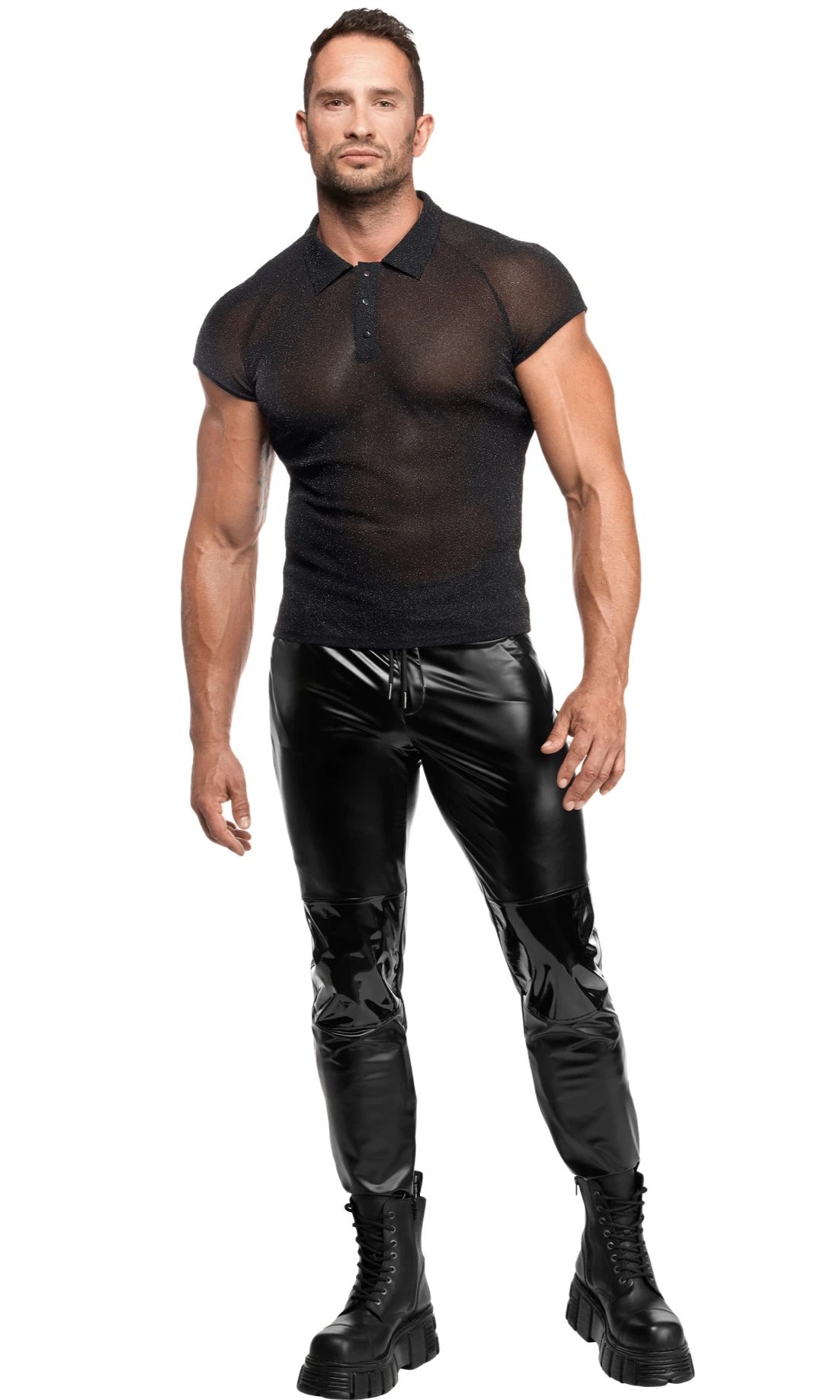 Feinnetz Polo-Shirt H082 aus transparentem, dehnbarem Netzmaterial mit silbernem Schimmer, markantem Stehkragen und Dreiknopfdetail für einen modernen, körperbetonten Look Noir Handmade Men