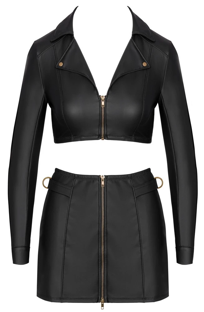Cottelli PARTY Clubwear Set – kurzes Jacken-Top & Minirock im schwarzen Mattlook mit messingfarbenen Details, Reißverschlüssen & Ringen für einen sexy Party-Look