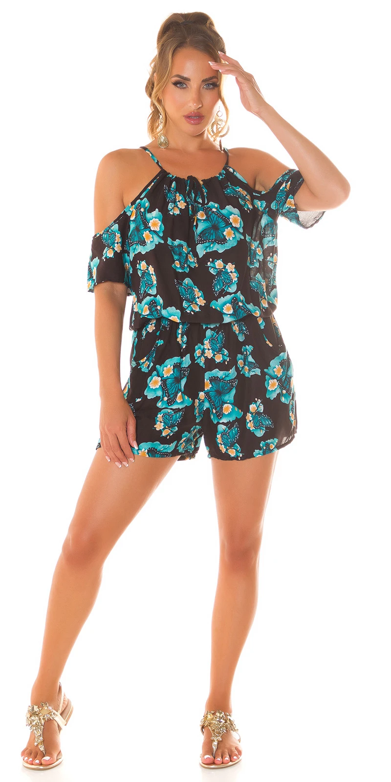 Butterfly Sommer Printed Viskose Short Jumpsuit im Cold Shoulder-Style Butterfly Sommer Printed Viskose Short Jumpsuit im Cold Shoulder-Style