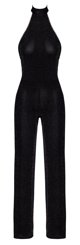 Noir Handmade Schulterfreier Neckholder Overall in schwarzer Glitzer Transparenz mit funkelnden Glitzersteinen, Stehkragen und rückenfreiem Design