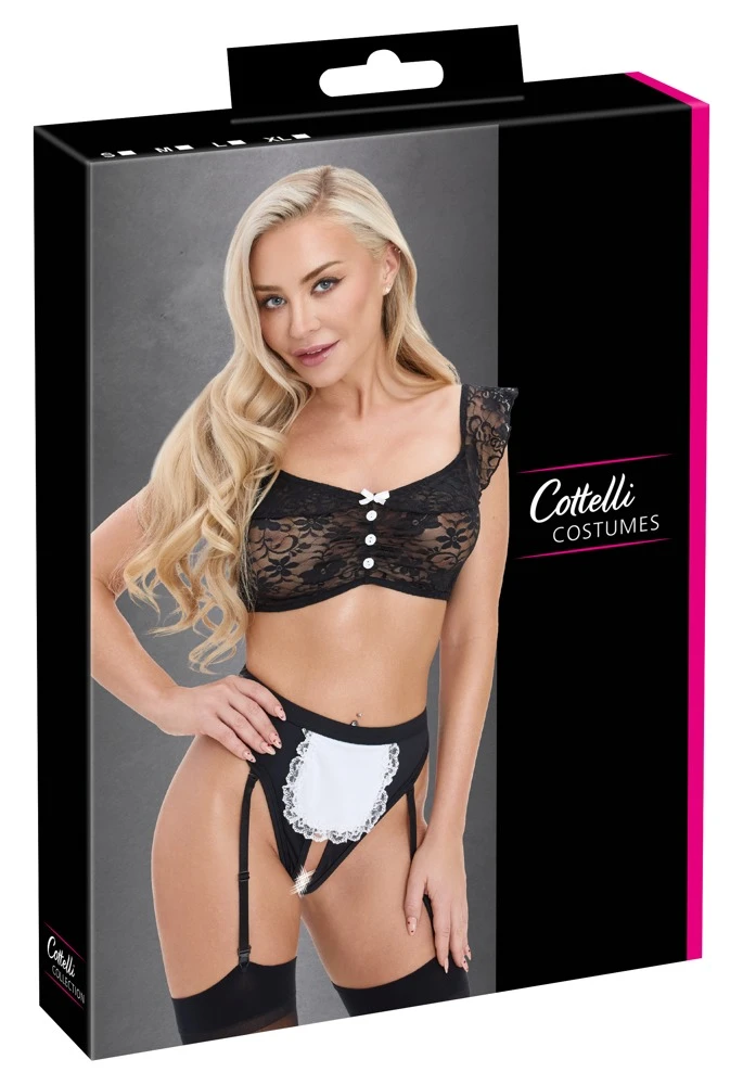Servier-Set Spitzen-Top & Straps-Riostring Erotisch ouvert schwarzweiß schulterfrei offene Schritt verstellbare Strapse Cottelli COSTUMES