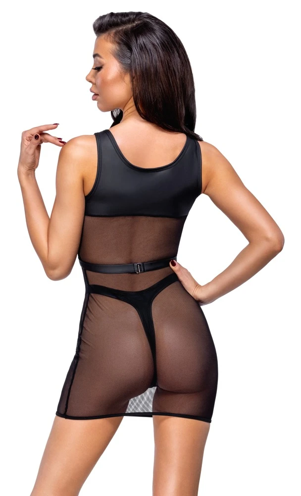 Schwarzes Netz-Minikleid mit Mattlook-Harness & hoch geschnittenem Riostring im raffinierten Set von Cottelli PARTY