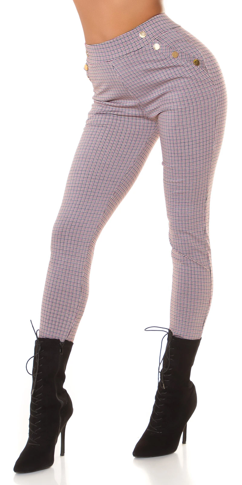 Karo Printed Skinny High Waist Leggings Hose mit Deko Knöpfe Karo Printed Skinny High Waist Leggings Hose mit Deko Knöpfe