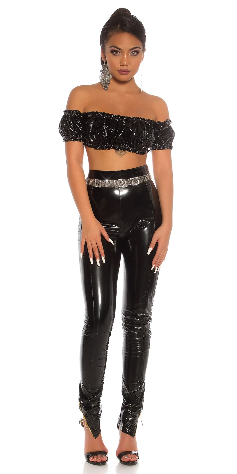 Glossy Off Shoulder Latex Look Latina Crop Bustier Top Glossy Off Shoulder Latex Look Latina Crop Bustier Top