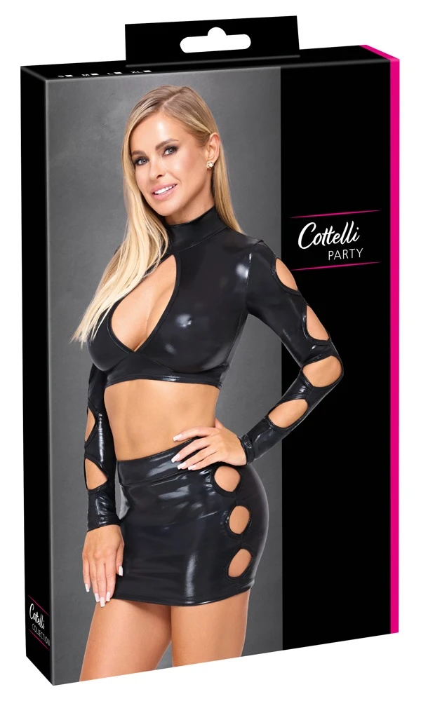 Kinky Wetlook Clubwear Set Crop-Top Langarm Minirock Cut-outs schwarzer Glanzlook figurbetont Damen Outfit Cottelli PARTY