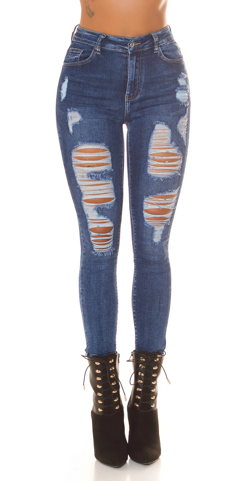 Dark Denim Destroyed Skinny High Waist Jeans mit Löcher Dark Denim Destroyed Skinny High Waist Jeans mit Löcher