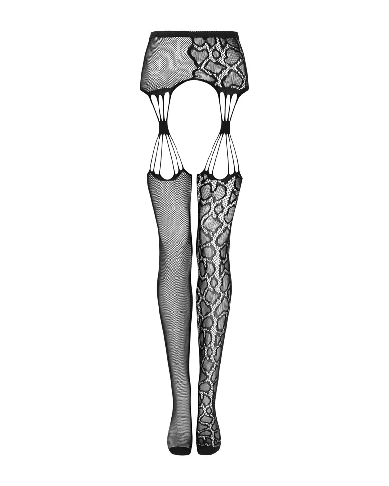Obsessive verführerische Strapsstrümpfe in schwarz mit aufregenden Tiermuster und dünnen Streifen an dn Beinen, was der Figur schmeichelt.