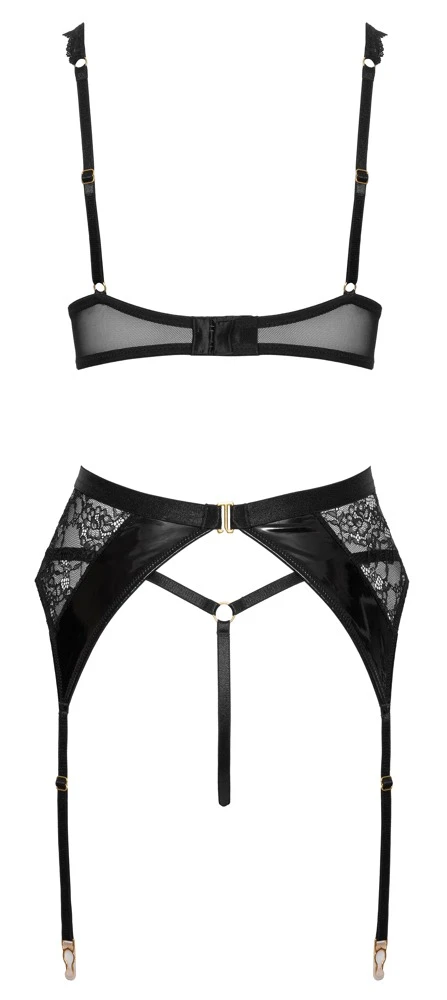 Sexy Dessous Reizwäsche Set von Cottelli LINGERIE mit Bügel-BH, Strapsgürtel und String aus Spitze und Lack in Schwarz mit goldfarbenen Details und verstellbaren Riemchen