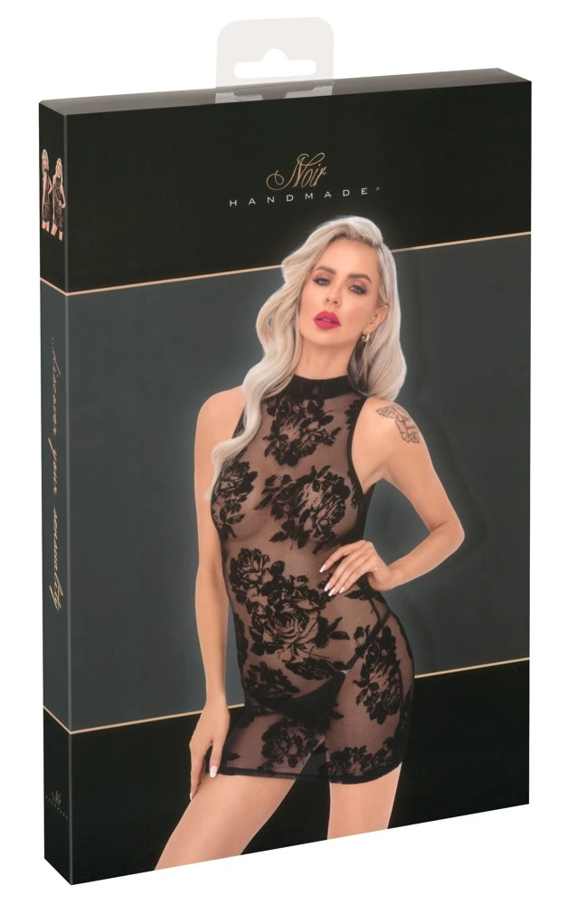 Ärmelos Transparentes Mini Kleid in feiner Transparenz, Samtflockprint, hoher Kragen, ovaler Rückenausschnitt