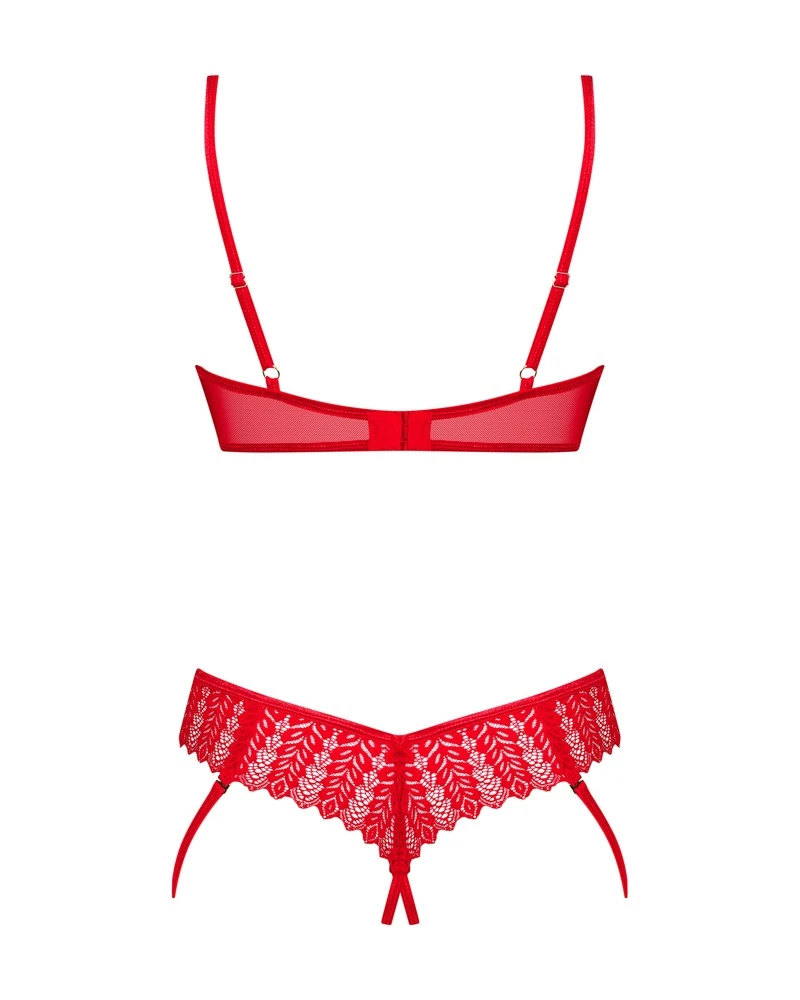 Obsessive Bügel-Hebe und String als rotes Ouvert-Set Ingridia. Aus weicher elastischer Spitze und Stretchmaterial. Schrittoffener Spitzen-String mit fest angenähten verstellbaren Strapsriemchen Obsessive Bügel-Hebe und String als rotes Ouvert-Set Ingridia. Aus weicher elastischer Spitze und Stretchmaterial. Schrittoffener Spitzen-String mit fest angenähten verstellbaren Strapsriemchen