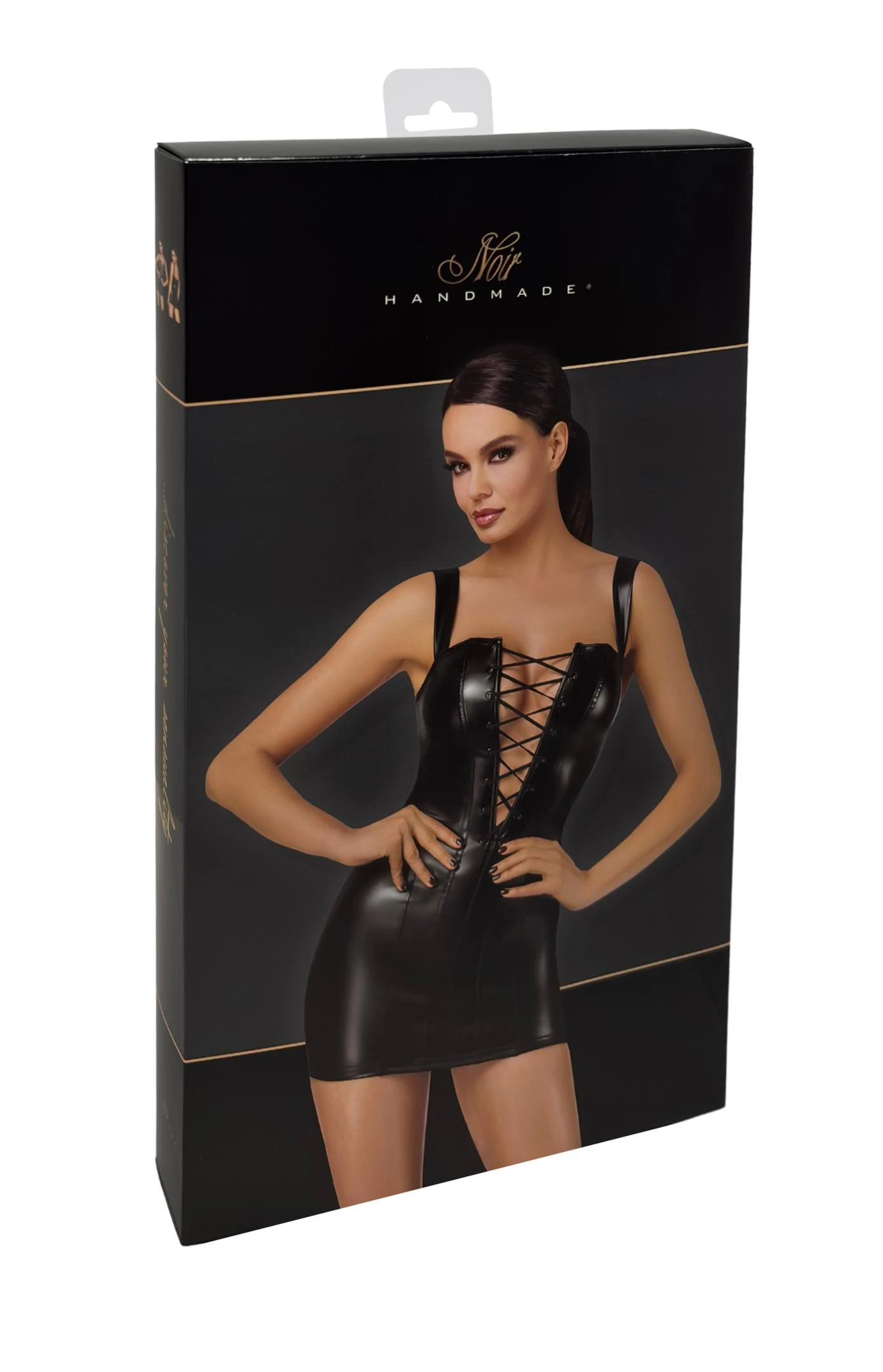 Wetlook Kinky Minikleid mit Schnürung aus glattem, dehnbarem Material – tiefer Ausschnitt, breiten Trägern und Reißverschluss hinten von Noir Handmade F363