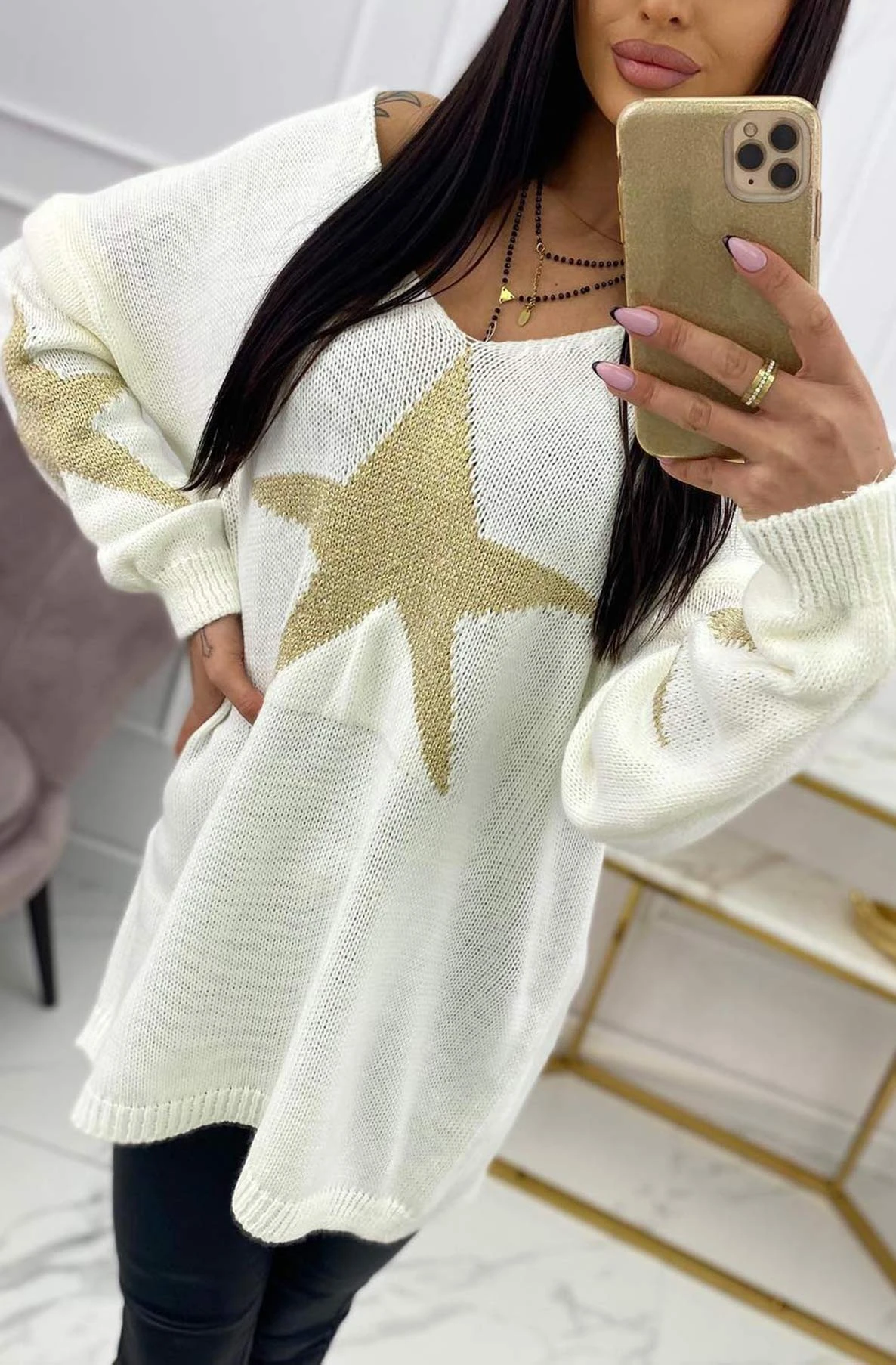 Uni V-Neck Langarm Pullover im Long-Style mit Stern