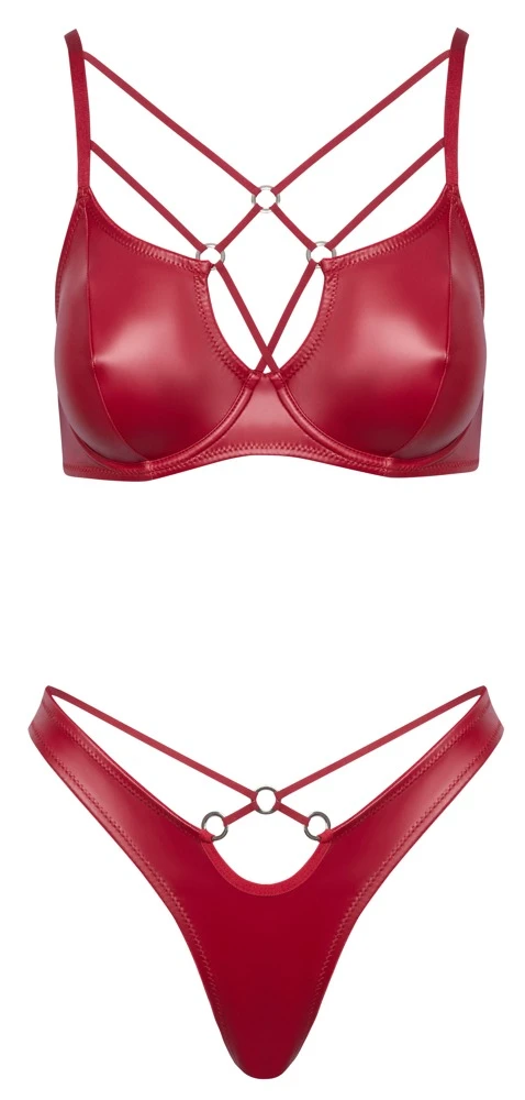 Cottelli LINGERIE Bügel-BH und Riostring im Set aus rotem Wetlook im Bondage Style
