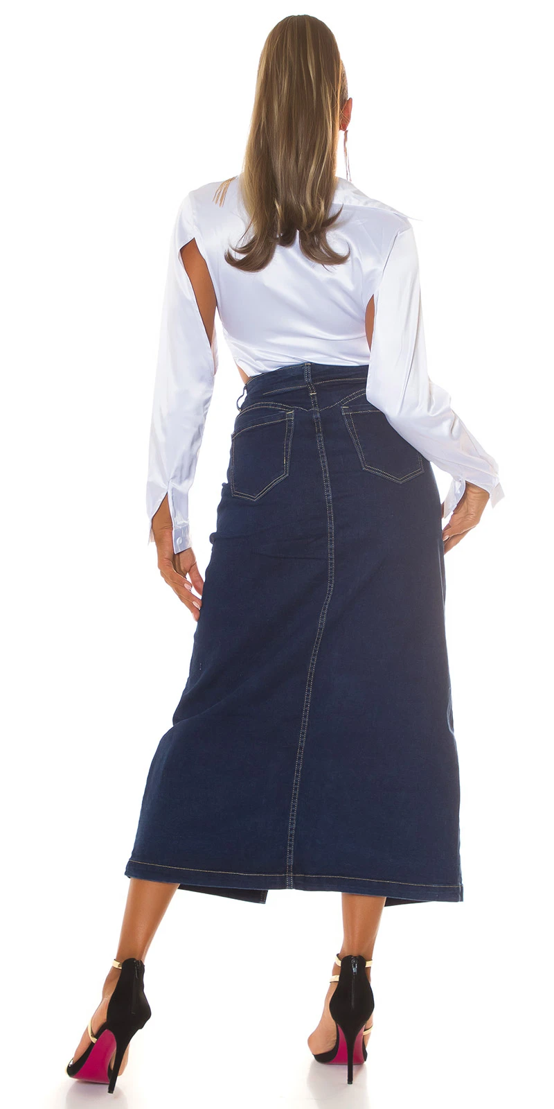 Dark Denim High Waist Maxi Rock mit Schlitz vorne Dark Denim High Waist Maxi Rock mit Schlitz vorne