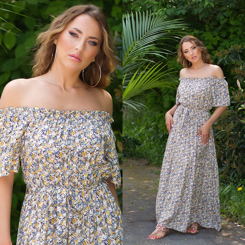 Off Shoulder Flower Printed Maxi Kurzarm Kleid mit Gürtel Off Shoulder Flower Printed Maxi Kurzarm Kleid mit Gürtel