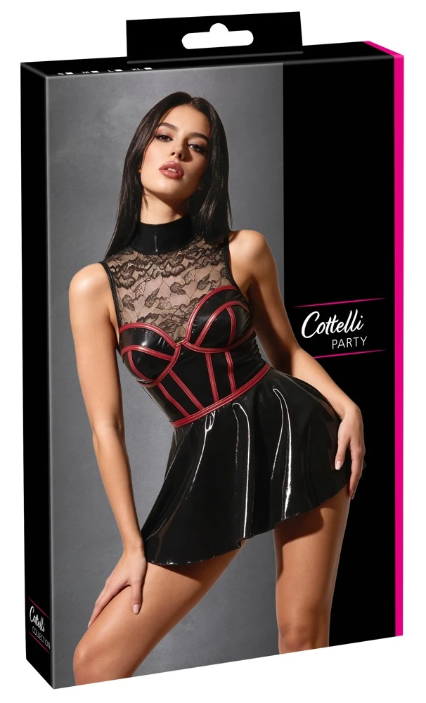 Kinky Wetlook Minikleid Spitze Corsagen-Look ärmellos schwarz rot Rücken transparent Damenkleid Cottelli PARTY