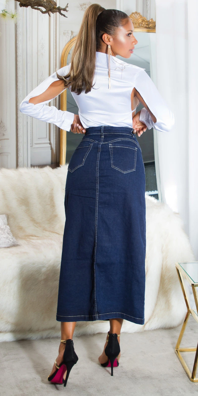 Dark Denim High Waist Maxi Rock mit Schlitz vorne Dark Denim High Waist Maxi Rock mit Schlitz vorne