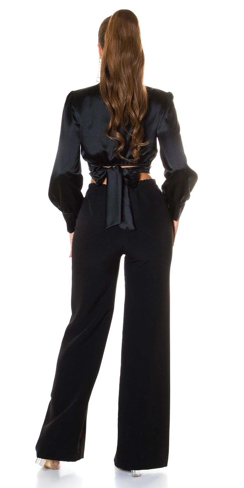 Glossy Crop Langarm Blusen Shirt mit Deko Schnürung Glossy Crop Langarm Blusen Shirt mit Deko Schnürung