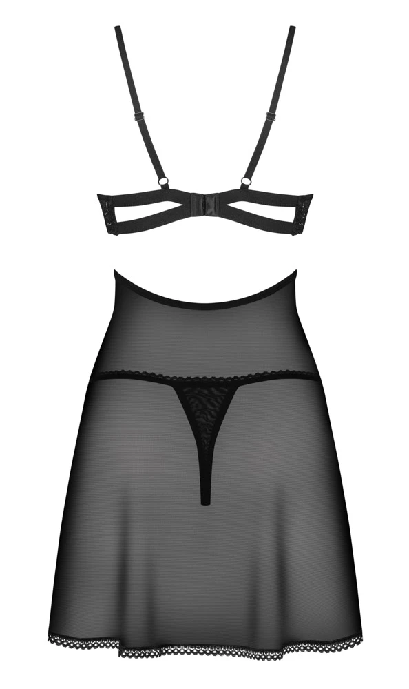 Elegantes schwarzes Dessous-Set Nutris von Obsessive: Transparentes Babydoll mit Spitze und passendem String für perfekten Sit Elegantes schwarzes Dessous-Set Nutris von Obsessive: Transparentes Babydoll mit Spitze und passendem String für perfekten Sit