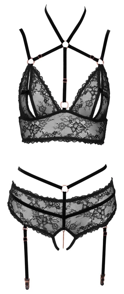 Bralette und Straps-Slip ouvert im Set von Abierta Fina. Feine Spitze und streichelweicher Samt im aufregenden Styling mit roségoldfarbenen Metallelementen und glitzernden Strassringen.