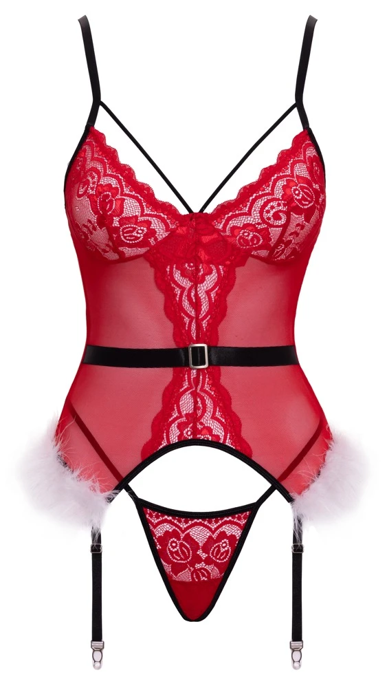 Strapshemd & String im Set X-Mas von Cottelli LINGERIE in rotem Powernet mit Spitze, schwarzen Details und weißem Federbesatz für einen festlichen Look