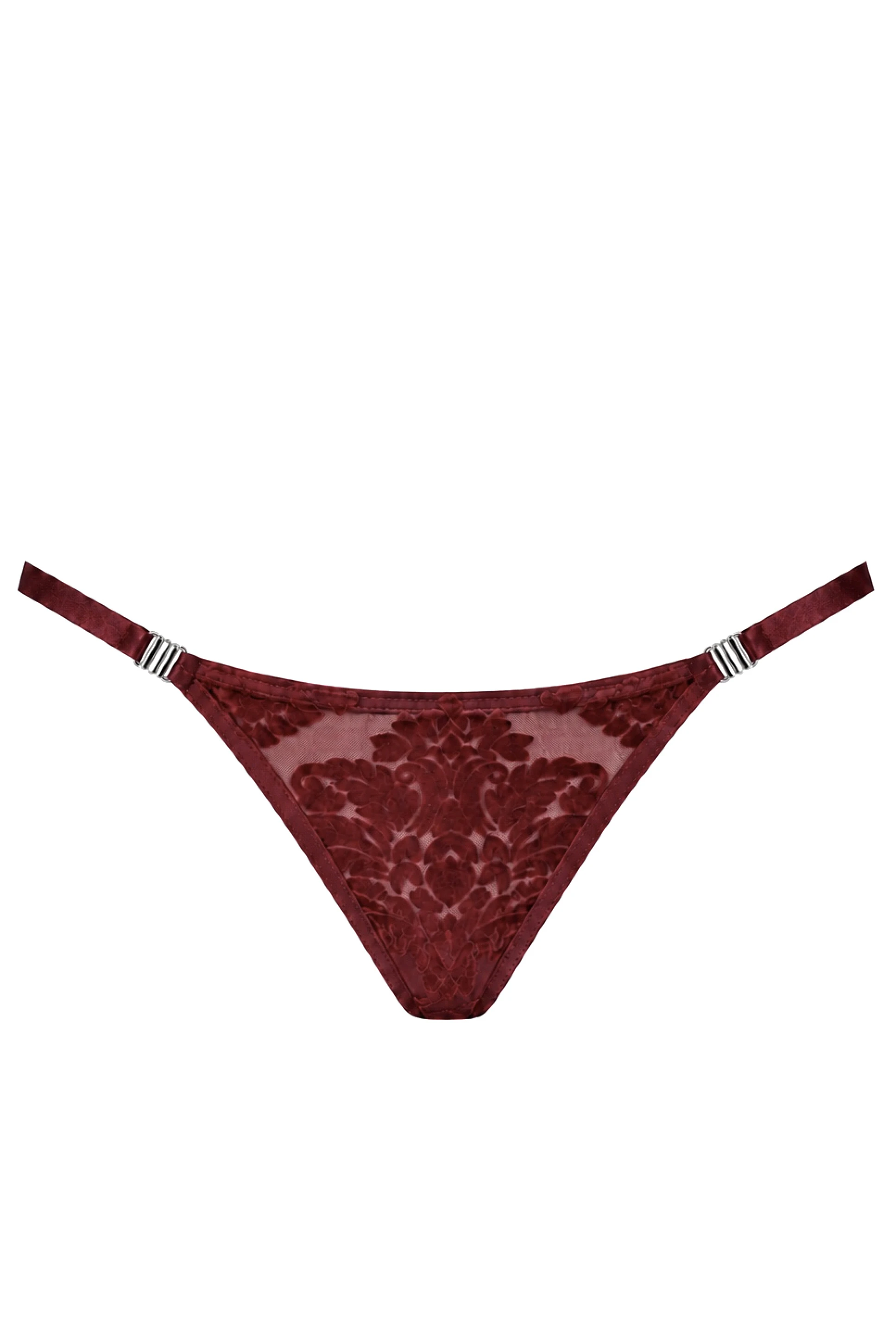 String aus transparentem Tüll - Noir Handmade F426 Masquerade - sexy in Burgunder mit Beflockung und silberfarbenen Verschlüssen