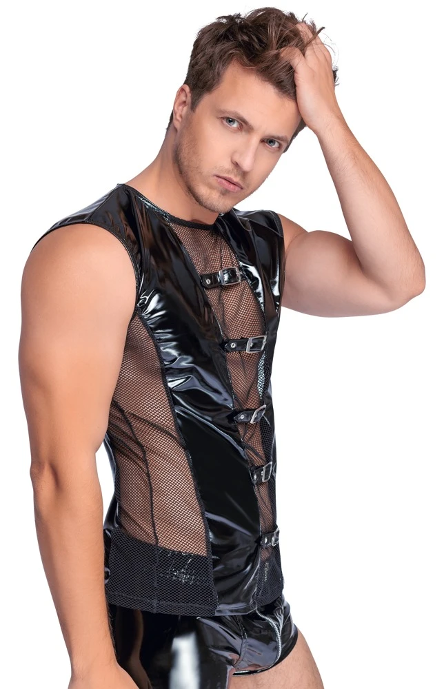 Extravagantes ärmelloses Shirt von Black Level aus bi-elastischem Lack mit Netz-Einsätzen vorne, seitlich und hinten. Mit 5 stylischen Schnallenriemen in der Front. Extravagantes ärmelloses Shirt von Black Level aus bi-elastischem Lack mit Netz-Einsätzen vorne, seitlich und hinten. Mit 5 stylischen Schnallenriemen in der Front.