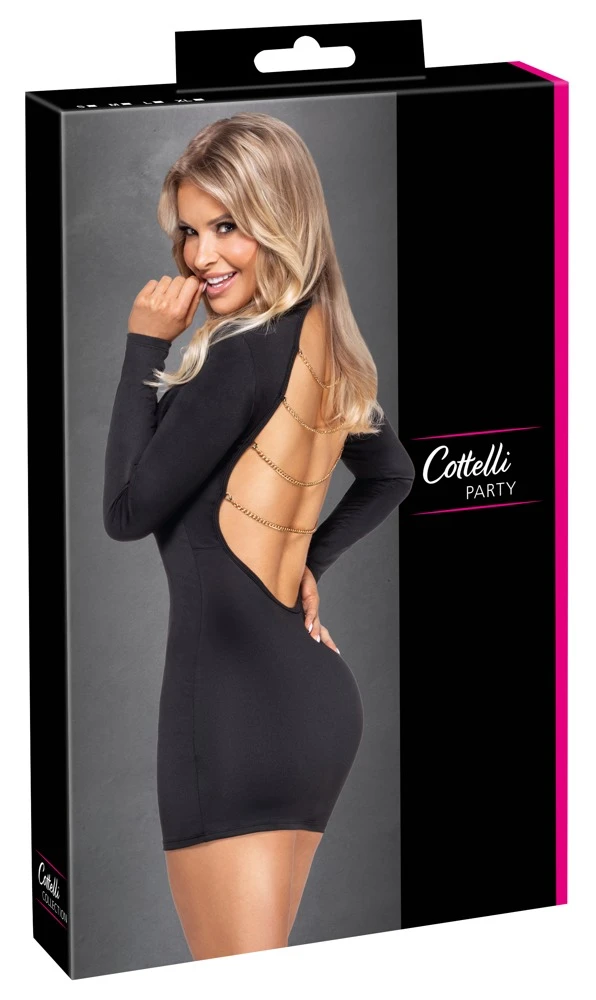 Schwarzes Langarm-Minikleid von Cottelli PARTY – eng tailliert mit tiefem Rückenausschnitt und goldfarbenen Ketten, die abnehmbar sind, für einen sexy und aufregenden Look vorne edel, hinten unwiderstehlich Schwarzes Langarm-Minikleid von Cottelli PARTY – eng tailliert mit tiefem Rückenausschnitt und goldfarbenen Ketten, die abnehmbar sind, für einen sexy und aufregenden Look vorne edel, hinten unwiderstehlich