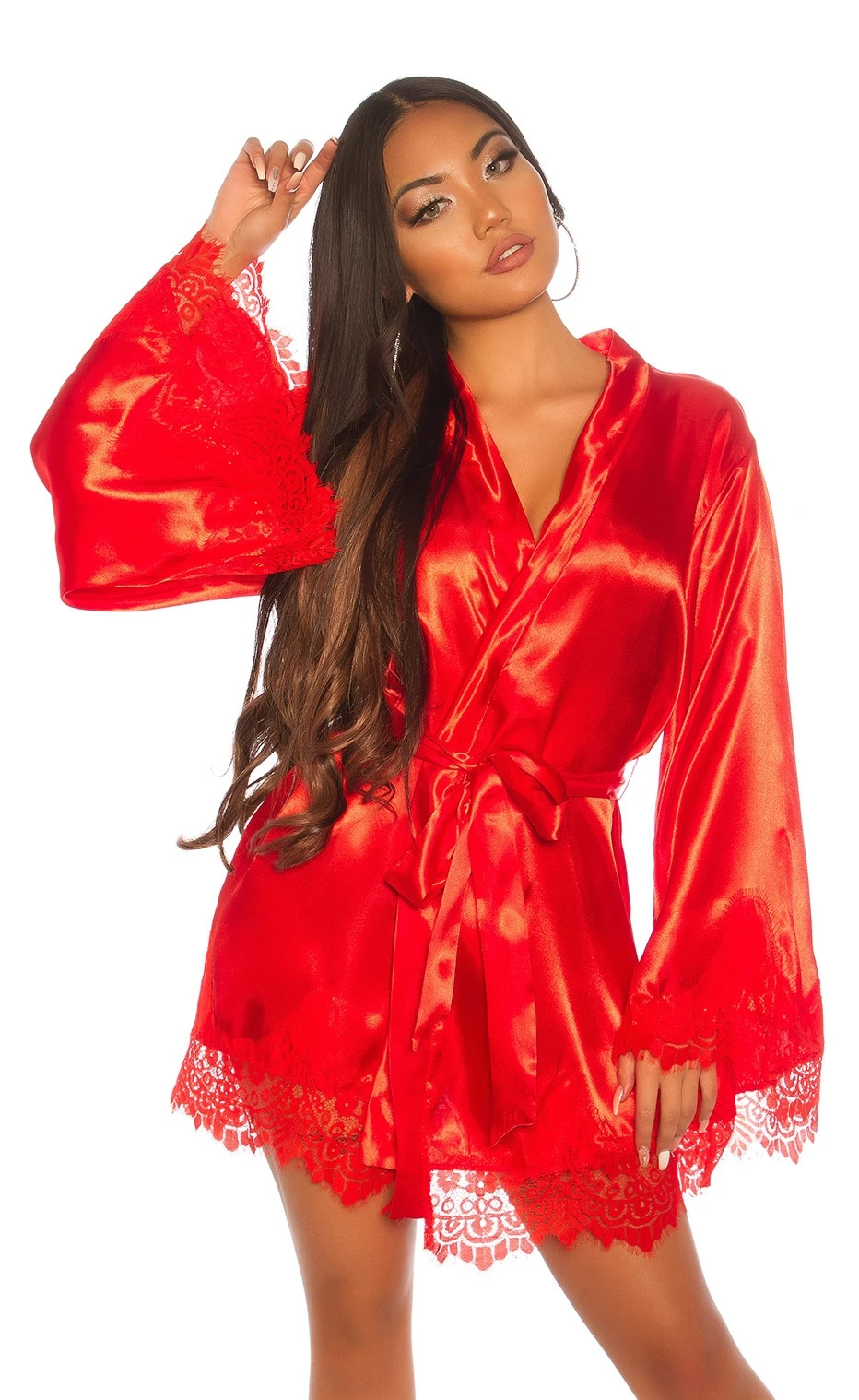 Satin Kimono mit Spitze und Gürtel