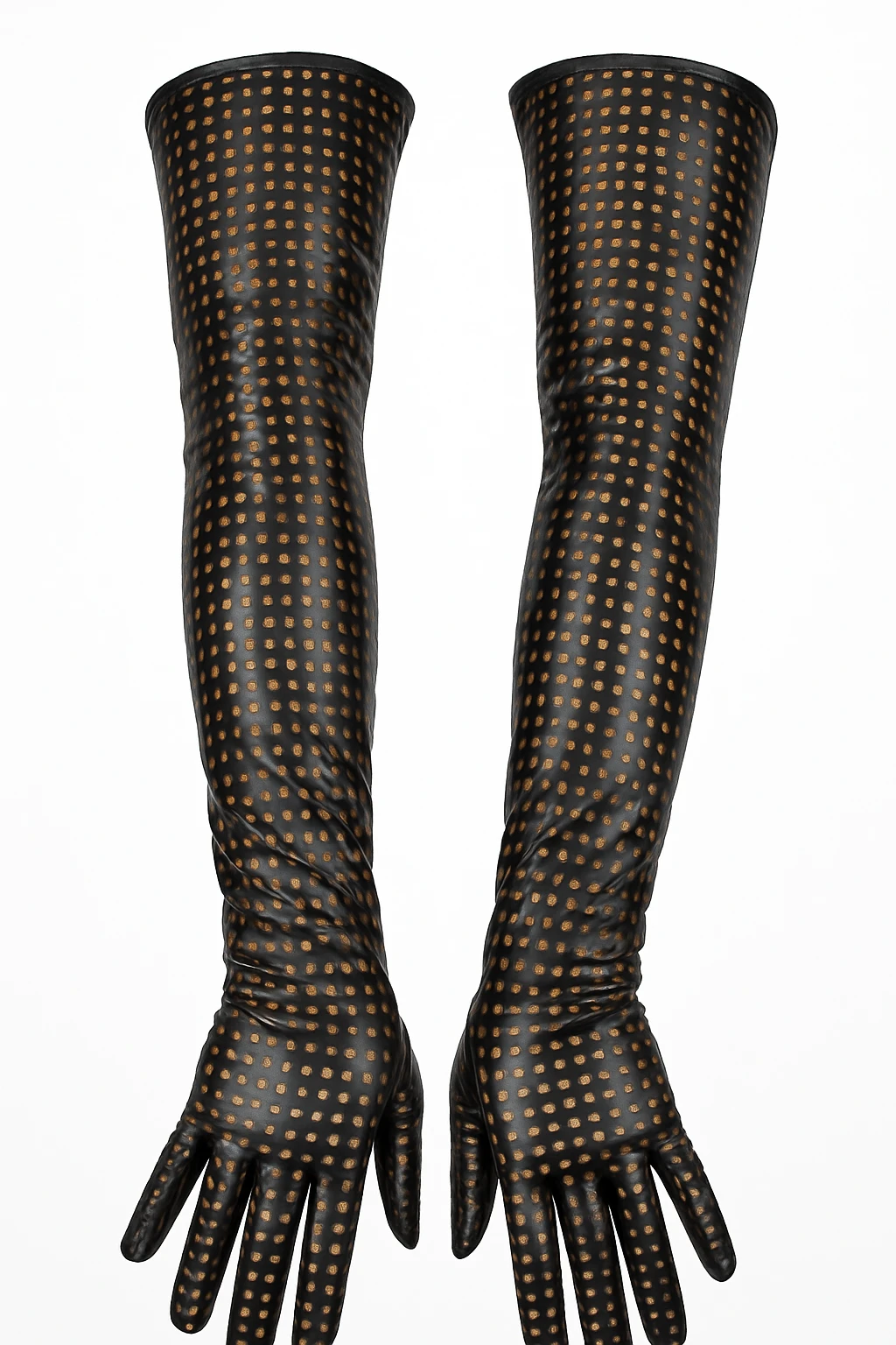 Schwarze perforierte Wetlook Handschuhe GL724 aus dehnbarem Material von 7Heaven mit stylischem Lochmuster und perfekter Passform