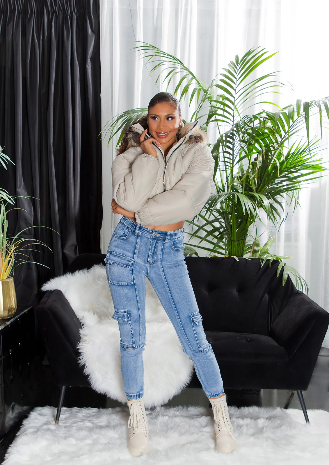 Acid Washed Cargo Röhren Jeans im High Waist-Style Acid Washed Cargo Röhren Jeans im High Waist-Style