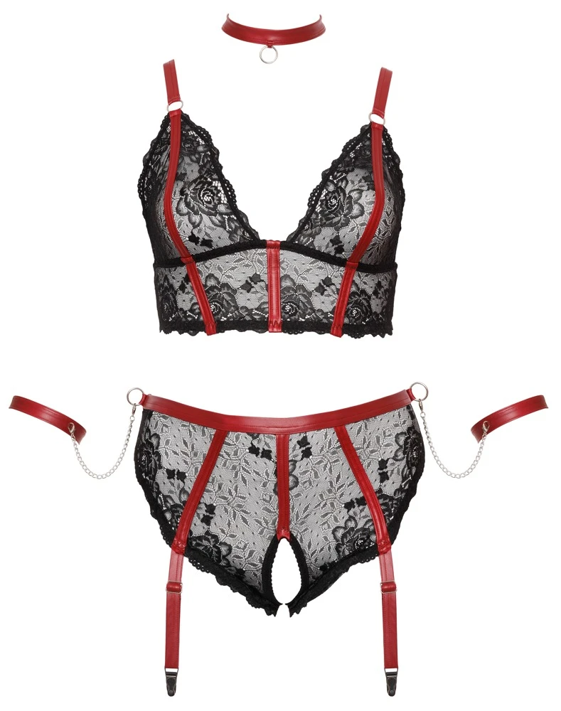 Cottelli Verführerisches Dessous-Set: Longline-BH und Straps-Slip mit Halsband und Fesseln