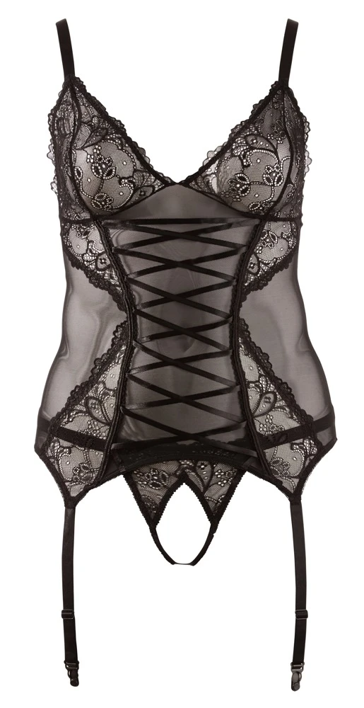 Cottelli Strapshemd mit String im Schritt geöffnet aus Powernet und Spitze, Lingerie Unterwäsche