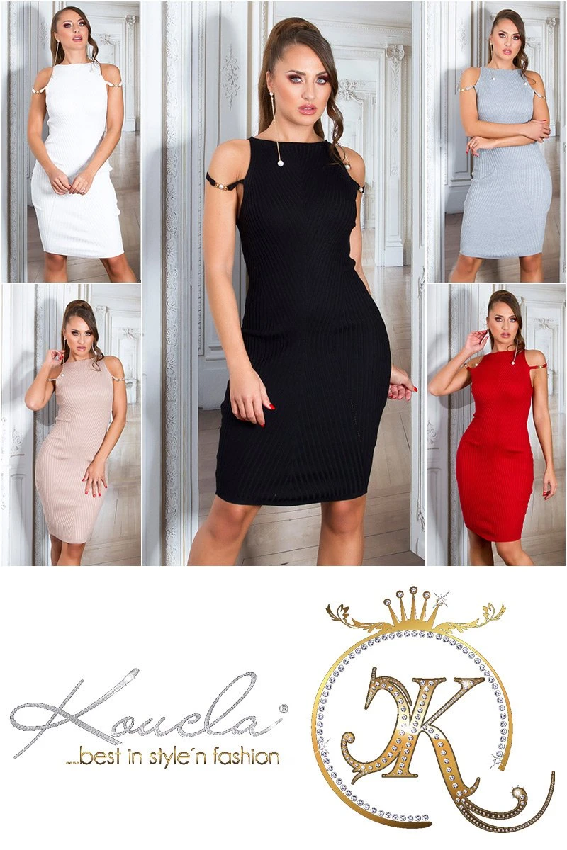 Geripptes Cocktail Midi Strickkleid Ärmellos mit Deko Träger und Perlen Geripptes Cocktail Midi Strickkleid Ärmellos mit Deko Träger und Perlen