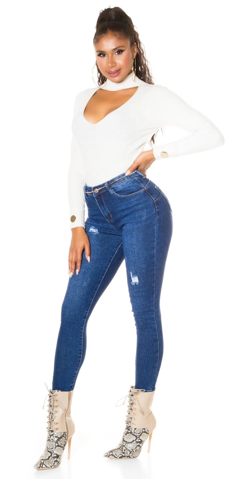 Darkwashed Skinny High Waist Röhre Jeans im Used Look Darkwashed Skinny High Waist Röhre Jeans im Used Look