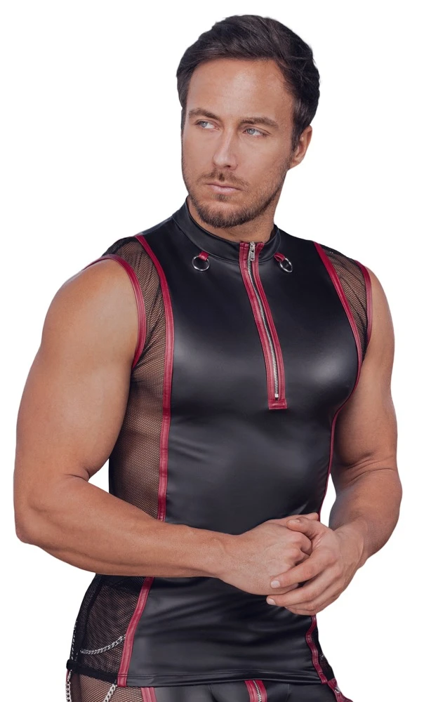 Herren Shirt, Betonendes ärmelloses Shirt im 2-farbigen Mattlook mit kurzem Reißverschluss, Stehkragen und dekorativen Ringen für markanten Style von NEK Herren Shirt, Betonendes ärmelloses Shirt im 2-farbigen Mattlook mit kurzem Reißverschluss, Stehkragen und dekorativen Ringen für markanten Style von NEK