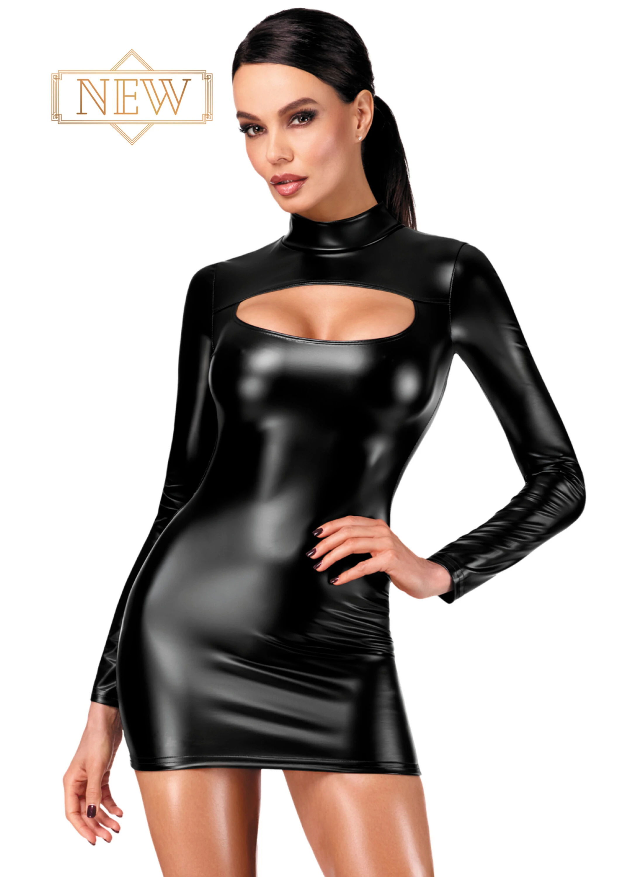 Bombshell Bodycon Kinky Minikleid aus schwarzen Powerwetlook mit Schlüsselloch-Ausschnitt, langem Ärmel, Stehkragen und verdecktem Reißverschluss – figurbetontes Statement-Piece von Noir Handmade F366