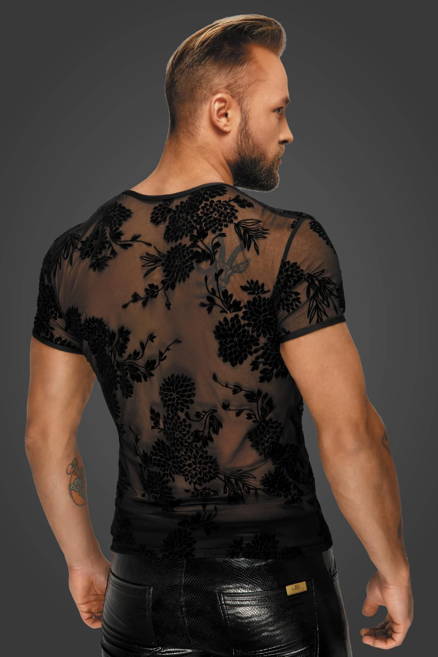 Herren Flower Flock T-Shirt H073 transparent mit Blumenmotiv von Noir Men