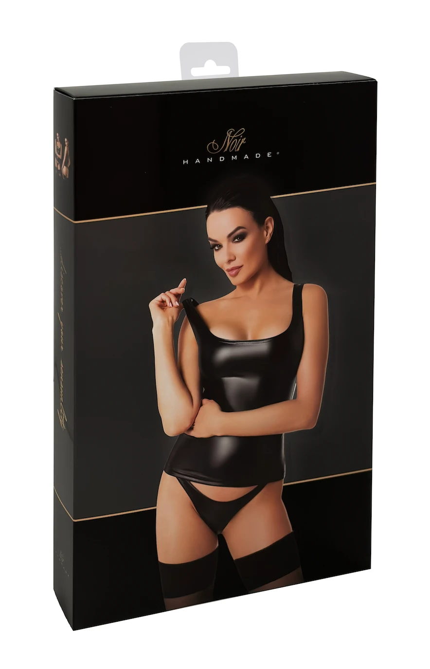 Trägershirt aus Powerwetlook - Noir Handmade F346 Elixir - sexy in Schwarz mit breiten Trägern, Rundhalsausschnitt und figurbetontem Schnitt
