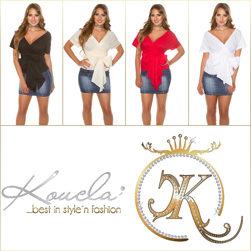 Kurzarm Wickel V-Neck Blusen Shirt mit Deko Schleife Kurzarm Wickel V-Neck Blusen Shirt mit Deko Schleife