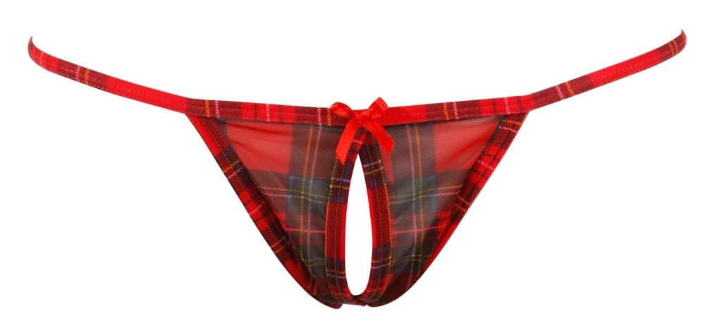 Cottelli LINGERIE Kostüm mit BH und Minirock, Soft-BH, Ouvert String, aus Spitze und Karo Optik