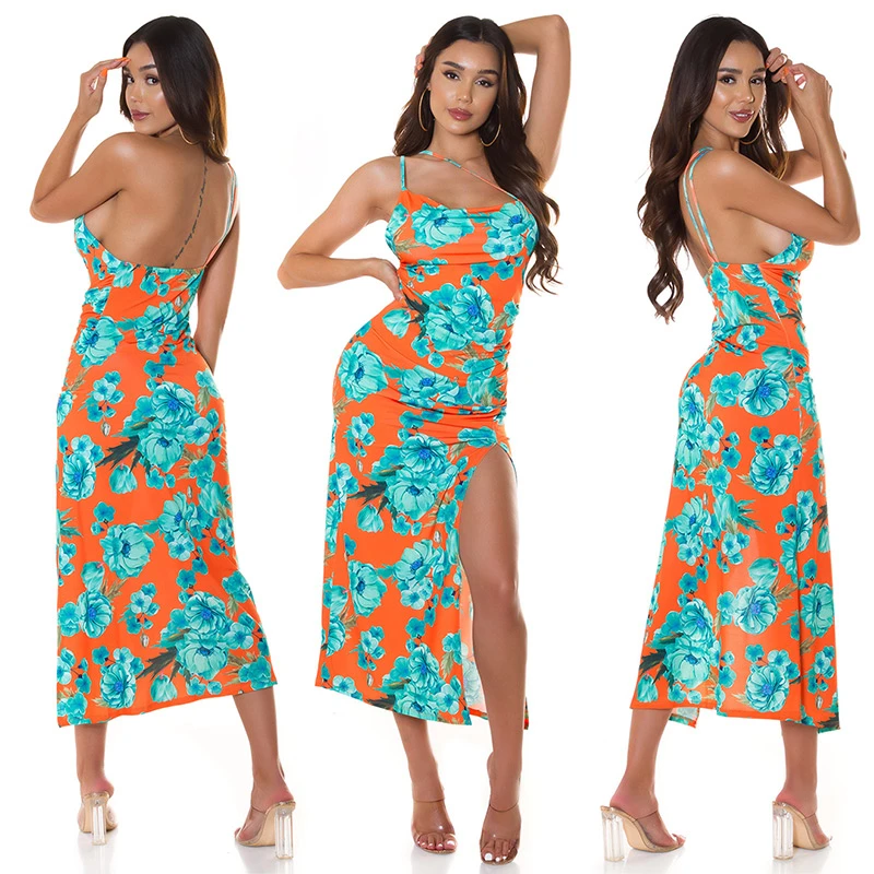 Flower Printed One Shoulder Träger Maxi Kleid mit XL-Beinschlitz Flower Printed One Shoulder Träger Maxi Kleid mit XL-Beinschlitz