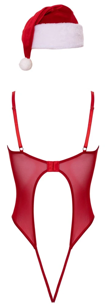 X-Mas Body und Mütze S/MStringbody & Weihnachtsmütze im Set aus rotem Powernet mit weißem Federbesatz und frecher Rückenansicht für sinnliche Festtage